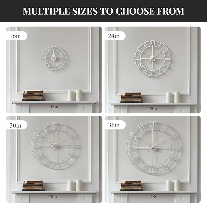 16 inch Wall Clock Silver, Modern Decorative Metal Clock Silent Non Ticking, Battery-Operated Round Clock Roman Numeral Analog for Living Room, Kitchen, Bedroom, Office, Home Decor