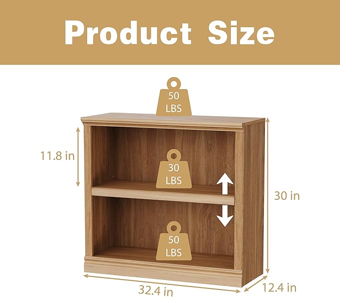 blini 2-Shelf Bookcase Wooden Bookshelves 33in Wide Floor Standing Display Storage Shelves Oak Bookcase for Home Office, Living Room, Bed Room