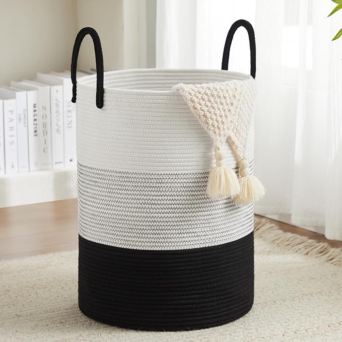Fiona's magic Cotton Rope Laundry Hamper, Tall Woven Laundry Basket Storage, Baby Nursery Hamper for Blankets, Toys and Clothes Hamper for Bedroom and Living Room Organizing, 72L, Black & White