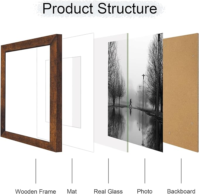 9x12 Picture Frame Set of 4 with Tempered Glass, Wooden Rustic Frame Display 6x8 Pictures with Mat or 9 x 12 Without Mat, Photo Frame for Wall Mount and Tabletop Display