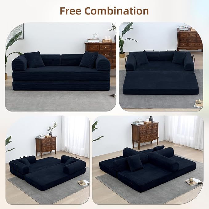 Rovibek 4-in-1 Convertible Sleeper Sofa Bed Queen Size, Foldable Floor Couch Corduroy, Folding Futon Sofa Beds with Pillow and Fixed-Shape Frame, Suitable for Living Room, Bedroom, Lounge, Dark Blue