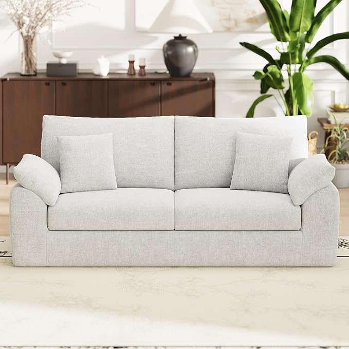 90" Boneless Loveseat Sofa, Cloud Foam Couch, 3 Seater Upholstered Midcentury Mondern Love Seat, Wide Armrest and 4 Pillows for Home Living Room/Small Spaces, No Assembly Required, Beige
