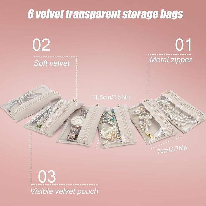 DesignSter Small Jewelry Box, Travel Small Jewelry Organizer with Earring Tray and Ring Holder,Square Travel Jewelry Storage Case with 6 Velvet Jewelry Pouches, Pink