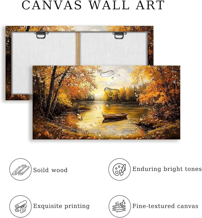 SERIMINO Fall Landscape Large Canvas Wall Art Living Room, Lake Boat Forest Art Prints, Autumn Scenery Nature Decor Pictures, Rustic Gold Paintings Wall Decor Bedroom, Office Decor 30"X60"