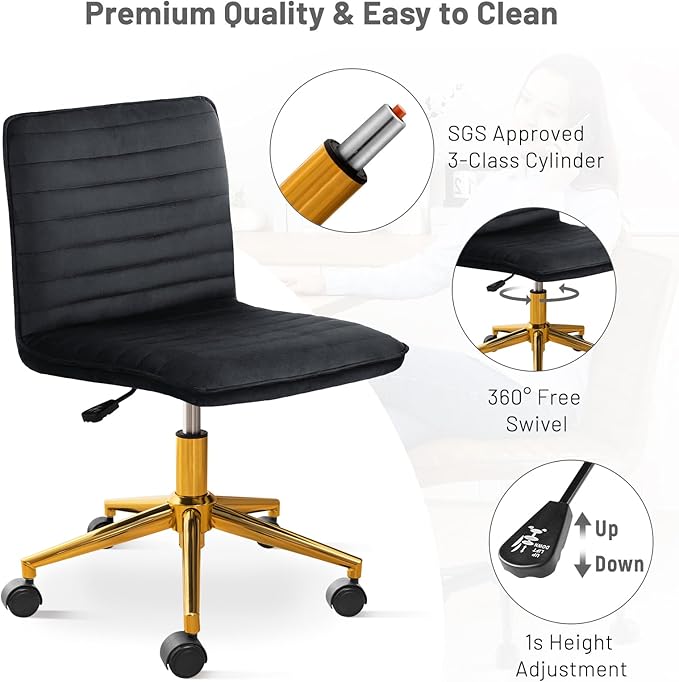 Furniliving Home Office Desk Chair, Armless Vanity Chair with Wheels Soft Velvet Adjustable Height, Comfy Computer Rolling Chairs with Gold Metal Base Stool,Black