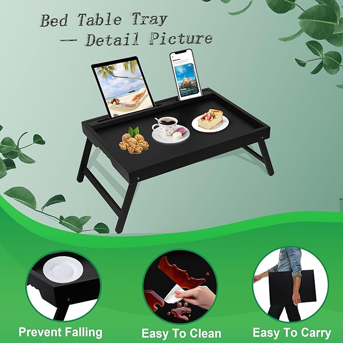 Bed Tray Table with Foldable Legs, Breakfast Food Trays for Eating on Couch with Media Slot for Bed, Eating, TV Tray, Kitchen Serving Tray(Black, Medium)