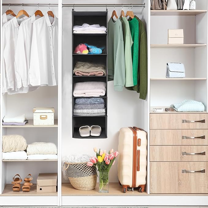 MAX Houser 6 Tier Shelf Hanging Closet Organizer, Closet Hanging Shelf with 2 Sturdy Hooks for Storage, Foldable (Grey)