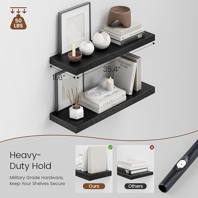 Heimlove 36 Inch Long Floating Shelf for Wall, 12" Deep Black Floating Shelves Wall Shelves for Bedroom Living Room Bedroom, Wall Mounted Shelves for Storage Book Decor, Set of 2