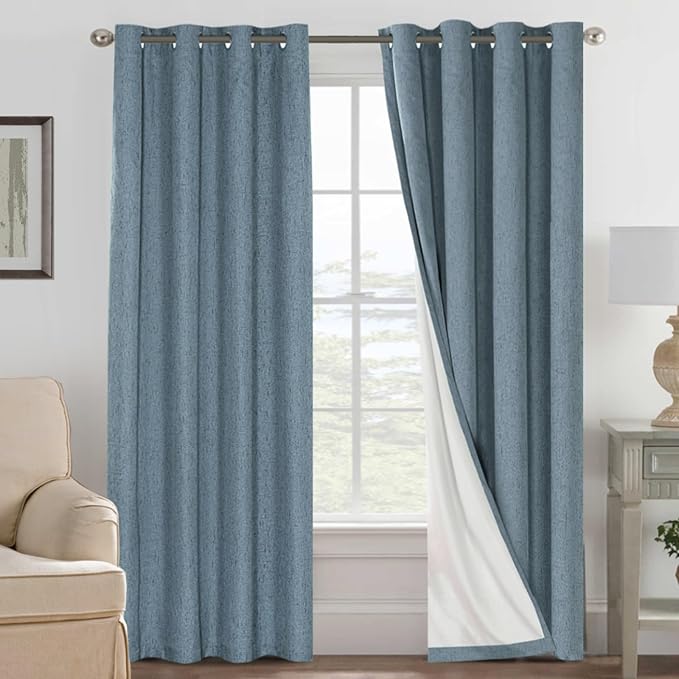 H.VERSAILTEX Linen Blackout Curtains 108 Inches Long 100% Blackout Thermal Insulated Textured Linen Look Curtain Draperies Anti-Rust Grommet, Energy Saving with White Liner, 2 Panels, Stone Blue