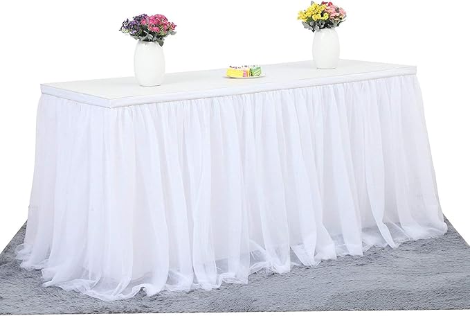 Suppromo 9ft White Table Skirt Tulle Tutu Table Skirt for Rectangle Tables White Ruffle Table Cloth for Wedding Bridal Shower Baby Shower Baptism Birthday Party Banquet Decoration(L9(ft) H 30in)
