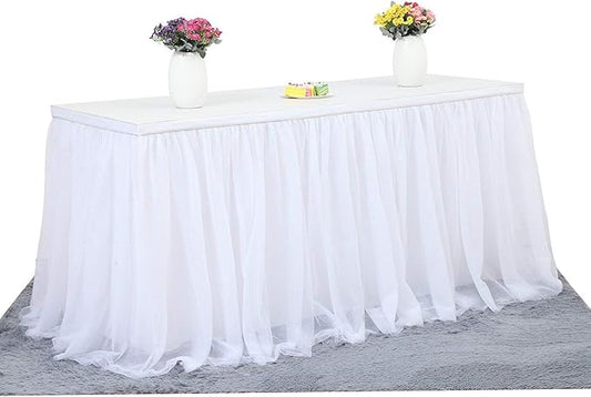 Suppromo 9ft White Table Skirt Tulle Tutu Table Skirt for Rectangle Tables White Ruffle Table Cloth for Wedding Bridal Shower Baby Shower Baptism Birthday Party Banquet Decoration(L9(ft) H 30in)