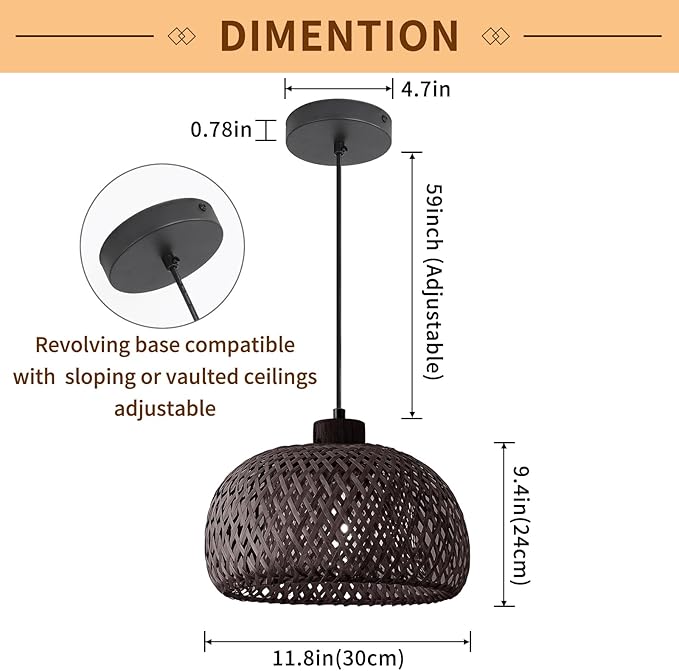 Black Bamboo Pendant Light, 11.8inch Hand-Woven Natural Wicker Rattan Farmhouse Lamp, Boho Hanging Chandelier, Rustic Kitchen Island Ceiling Pendant Light for Living Room, Dining, Foyer
