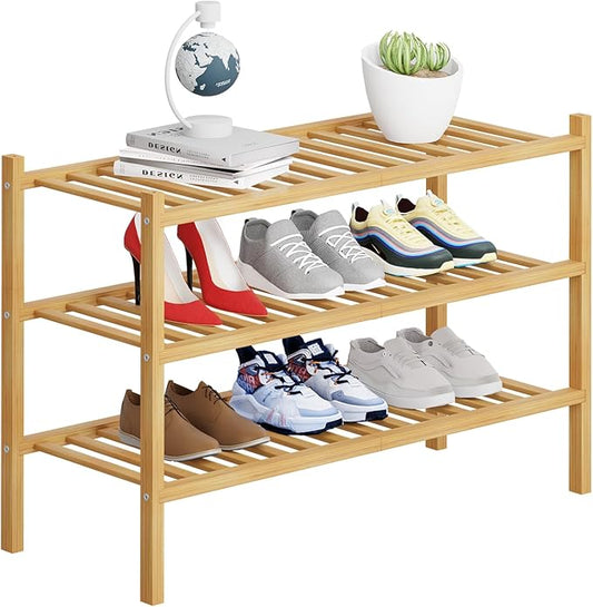 3 Tier Bamboo Shoe Rack Storage Organizer for Closet, Multifunctional Stackable Free Standing Shoe Shelf Organizer for Small Space,Entryway,Hallway,Bathroom 27"x11"x20" (Natural, 3 Tier)