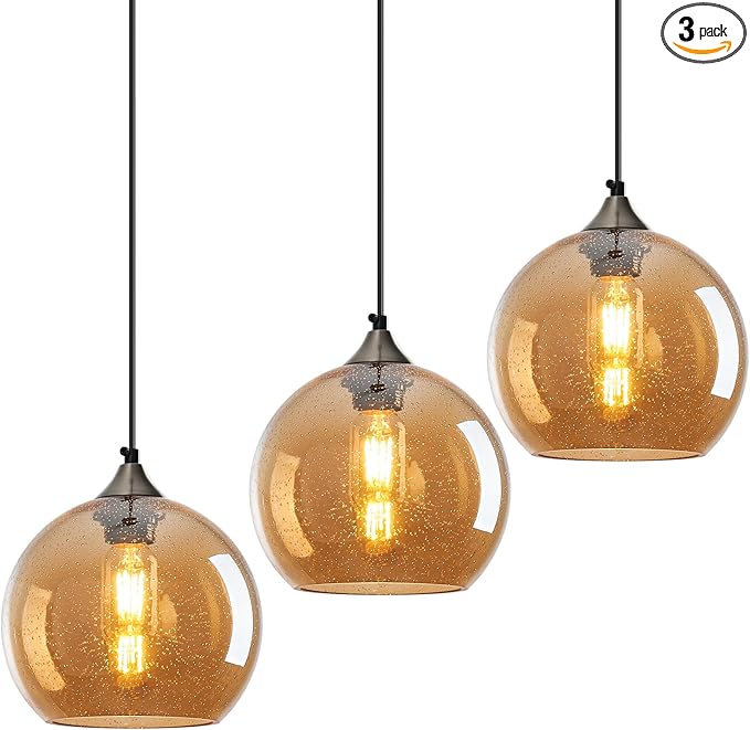 Amber Glass Pendant Lights Kitchen Island Lighting Globe Pendant Light Fixtures Modern Pendant Lighting for Bedroom Living Dining Room Light Fixture (7.87 in, 3 Pack)