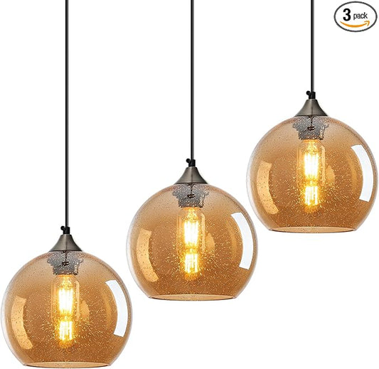 Amber Glass Pendant Lights Kitchen Island Lighting Globe Pendant Light Fixtures Modern Pendant Lighting for Bedroom Living Dining Room Light Fixture (7.87 in, 3 Pack)