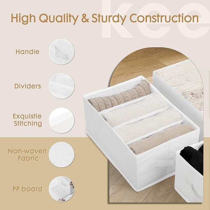 Criusia 6 Pack Large Clothes Organizer, Wardrobe Closet Organizer and Storage with Handles, Foldable Fabric Closet Organizers Dividers for Clothing, Pants, Jeans, Sweater, T-shirts, White