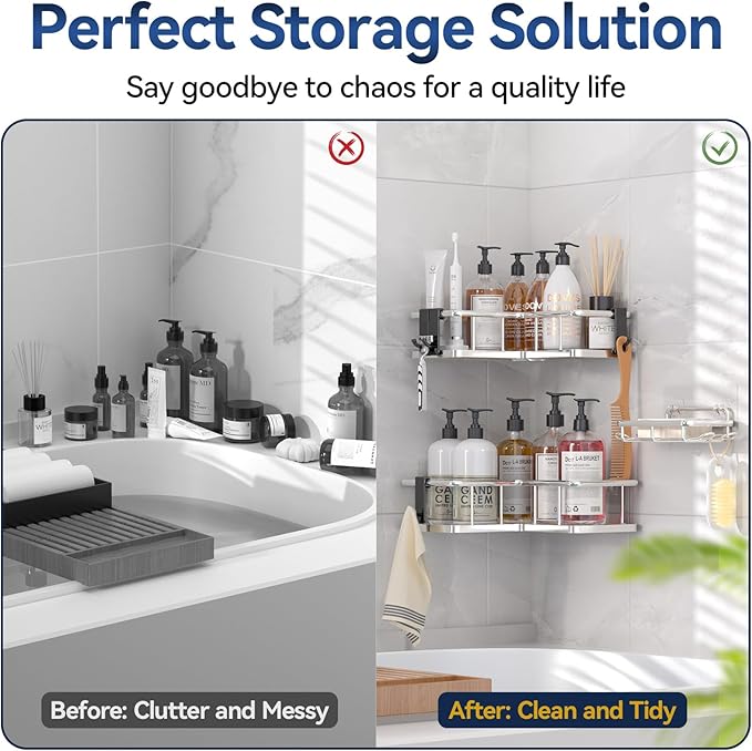 YASONIC Corner Shower Caddy Organizer, 3-Pack Self-Adhesive Rustproof Bath Shelves with Soap Holder & 4 Hooks, Large Capacity Shower Storage Rack for Bathroom Organization, Silver