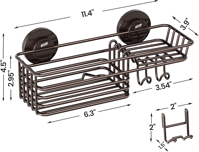 LEVERLOC Shower Caddy Suction Cup, Heavy Duty Bathroom Organizer for Inside Shower with Hooks & Soap holder， NO-Drilling Bathroom Holder-Brown