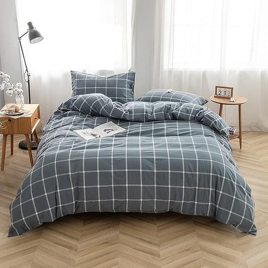 FACE TWO FACE Bedding Duvet Cover Set100% Washed Cotton Duvet Cover Linen Like Textured Breathable Durable Soft Comfy (Full, Grey Green Grid)