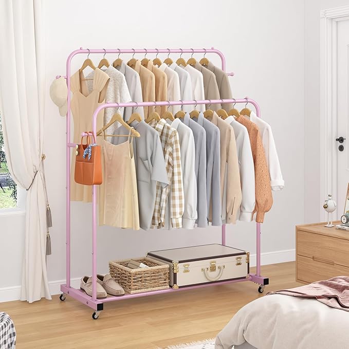 Laiensia Double Rods Garment Rack with Wheels, Clothing Rack for Hanging Clothes,4 Hooks, Multi-Functional Bedroom Clothes Rack, Pink