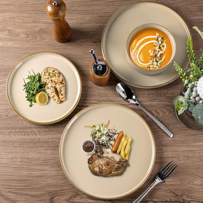 GBHOME Ceramic Dinnerware Sets for 4, 12 Pieces Stoneware Plates and Bowls Sets, Reactive Glaze Dishes -Scratch Resistant, Dishwasher&Microwave Safe-Warm Sand