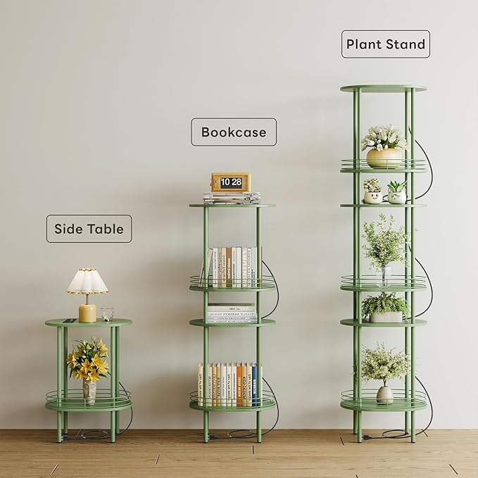 Small Round Side Table with Charging Station,Bedside Table with 2 USB Ports and Outlets, Morden Round Nightstand, Samll Side Table for Living Room,Bedroom, Nursery, Laundry, Green