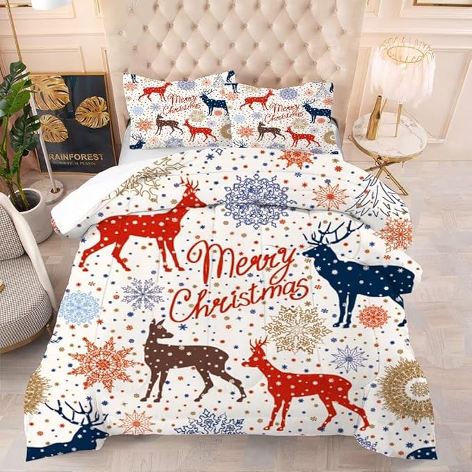 Beige Christmas Comforter Set King Size for Kids, Cartoon Reindeer and Snowflake Print Bedding Set, Cute Xmas Bed Set for Home Decor with 1 Comforter and 2 Pillowcases