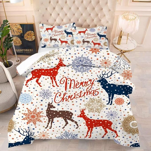Beige Christmas Comforter Set King Size for Kids, Cartoon Reindeer and Snowflake Print Bedding Set, Cute Xmas Bed Set for Home Decor with 1 Comforter and 2 Pillowcases
