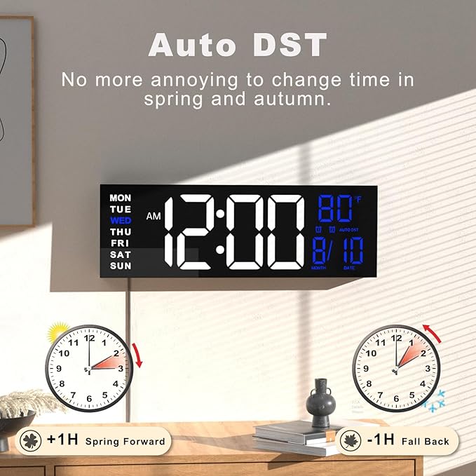 JALL 16" Large Digital Wall Mount Clock, Count Down Timer, Alarm, Big LED, RGB Color, DST, Temperature for Living Room Classroom Desk, Xmas, Birthday Gift for Senior Mom Dad (White Blue, 16 inches)