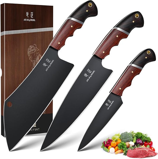 Japanese Chef Knife Set - 3 PCS Kitchen Utility Knife Sets for Cooking, Meat Cleaver Knives Set with Full Tang Wooden Handle, Gift for Birthday