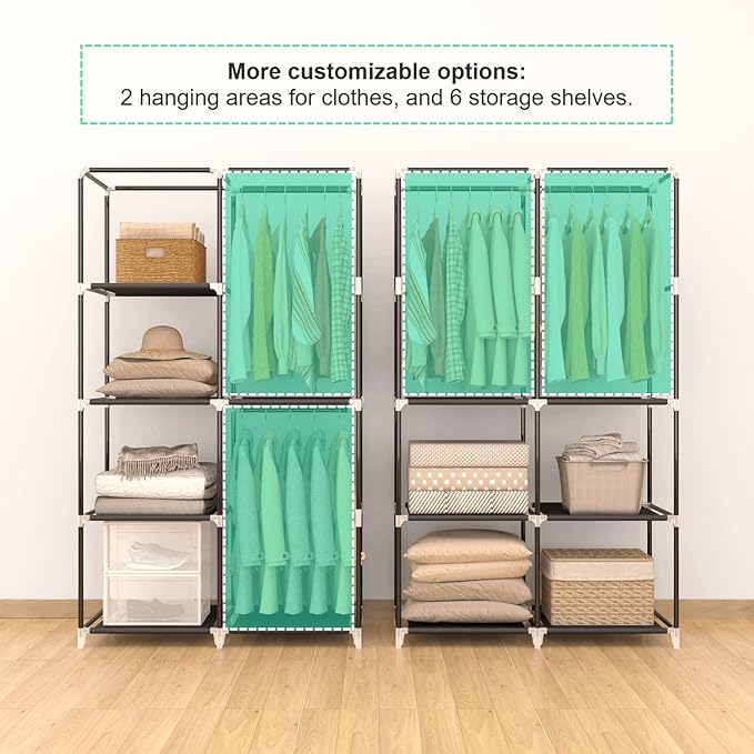 35 Inch Portable Wardrobe Closet for Small Room, Clothing Organizer Storage Rack with Non-Woven Fabric Cover, 1 Clothes Hanging Rod, 6 Storage Shelves, Grey