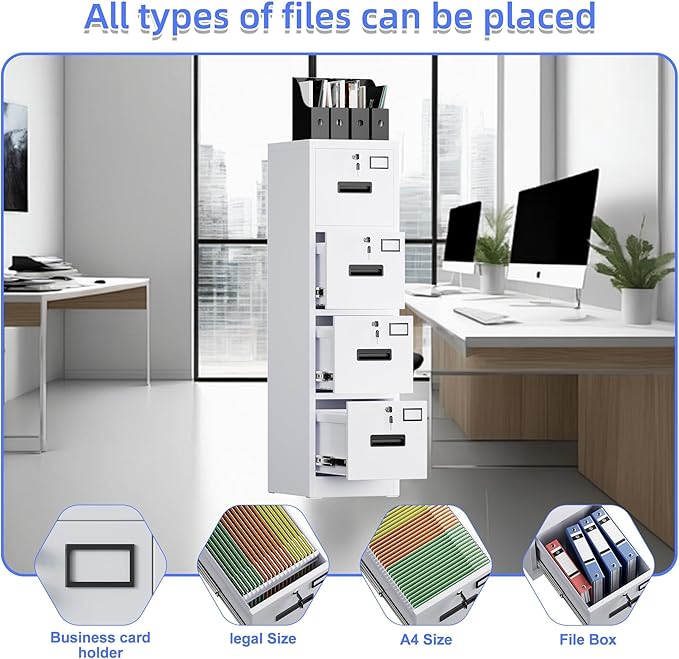 4 Drawer File Cabinet, Metal Vertical File Storage Cabinet with Lock, Office Home Steel Vertical File Cabinet for A4 Letter/Legal Size, 14.96" W x 17.72" D x 55.2" H, Assembly Required