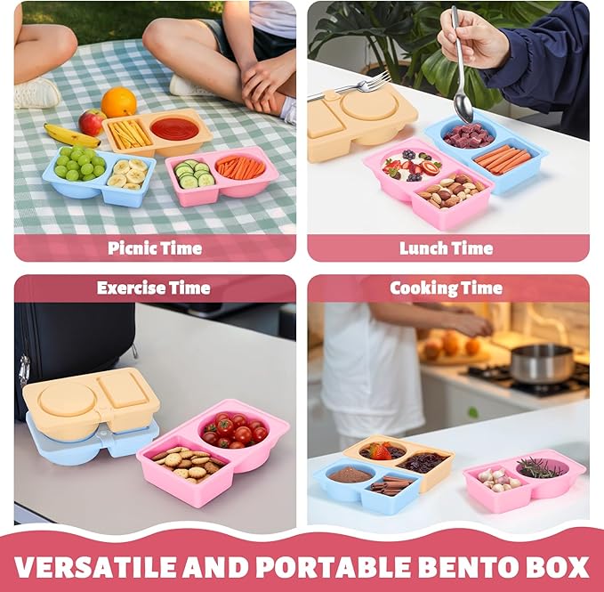 3 PCS Reusable Silicone Snack Containers with Lids Double Compartment Snack Box Container for Food (3P)