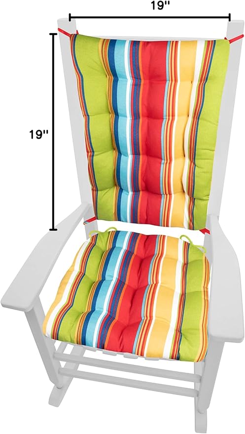 Westport Red Porch Rocker Cushions - Extra-Large - Indoor-Outdoor: Fade & Weatherproof - Latex Foam Filled Rocking Chair Seat Cushion & Backrest Pad Set (Rainbow Cabana Stripe, XL)