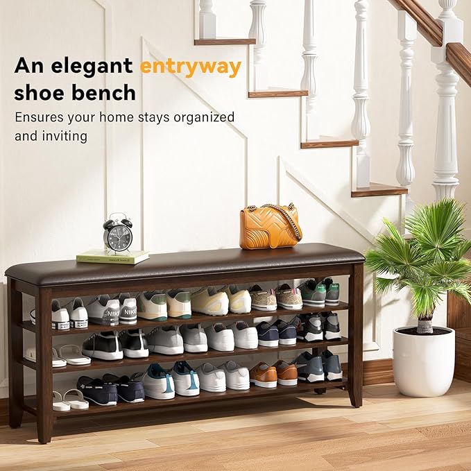 Shoe Bench Storage Rubberwood with Leather Cushion for Entryway Bench Ideal for Hallways Shoe Rack Front Doors Entrances Mudrooms Featuring 3 Height-Adjustable and Removable Shelves