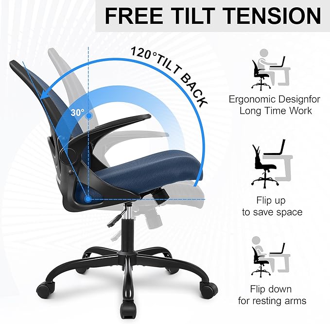 Primy Office Chair Ergonomic Desk Chair with Flip up Armrests Swivel Breathable Desk Mesh Computer Chair with Adjustable Lumbar Support and Height for Conference Room (Navy)