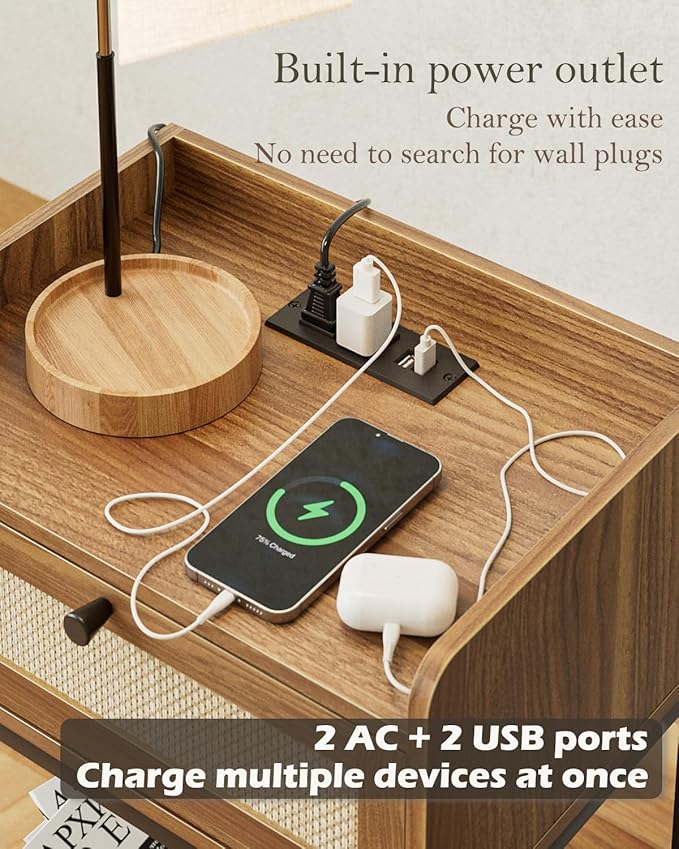 Nightstand with Charging Station,3-Tier Bedside Table for Small Space,Modern Night Stand with Storage Drawer and Shelf,Small Side Table for Bedroom,Living Room,Walnut Brown