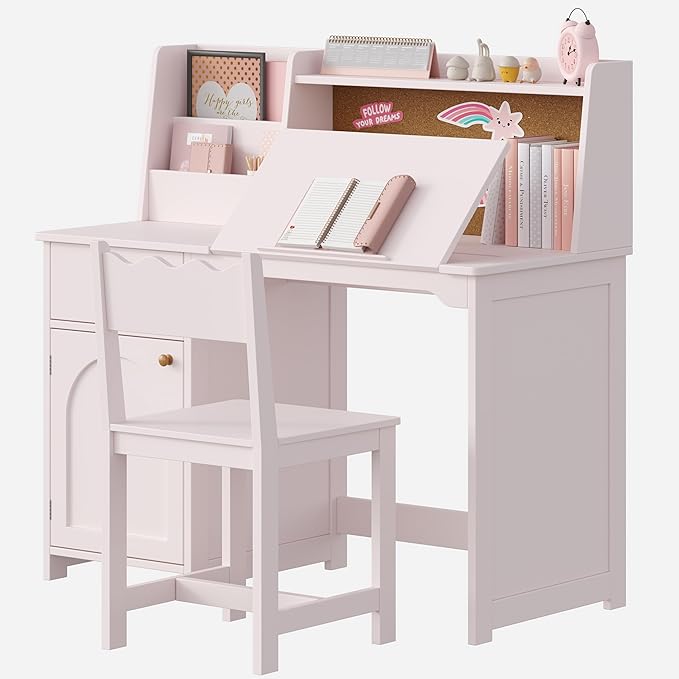 Treocho Kids Study Desk and Chair Set, Kids Desks with Hutch and Tiltable Desktop for 5-12 Years Old, Wooden Children Study Table with Fabric Drawer, Student Writing Desk Bedroom, Home School, Pink