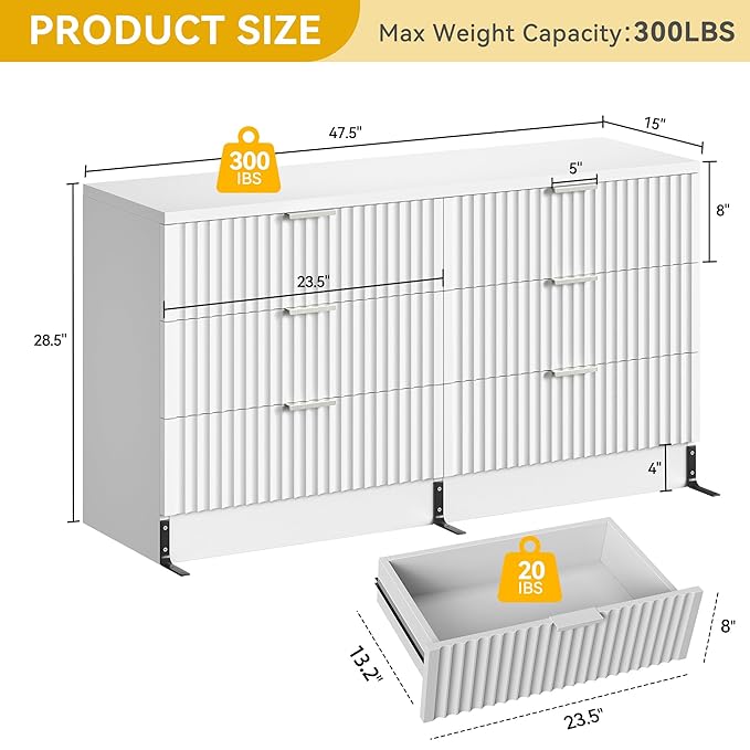 DWVO Fluted 6 Drawer Dressers, 47.5" Wide Modern Chest of Drawers, Wooden Dresser with Metal Handle, Versatile TV Stand Cabinet Table for Bedroom, Closet, Living Room, Hallway, White