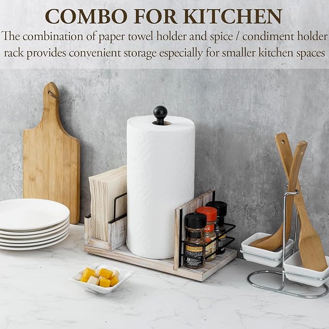 MyGift All-in-One Paper Towel Holder Kitchen Caddy, Shabby Chic Whitewashed Solid Wood and Industrial Matte Black Metal Dining Combo Rack with Paper Towel Dispenser, Napkin Holder, and Spice Rack