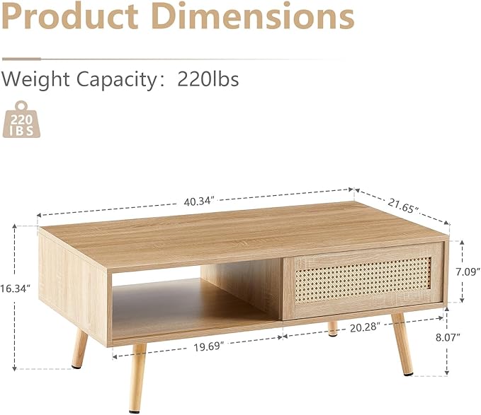 Rattan Coffee Table, 40.3" Mid Century Modern Coffee Table with Storage, Farmhouse Rectangle Wooden Accent Center Sofa Table with Rattan Sliding Door, for Living Room Christmas-Natural