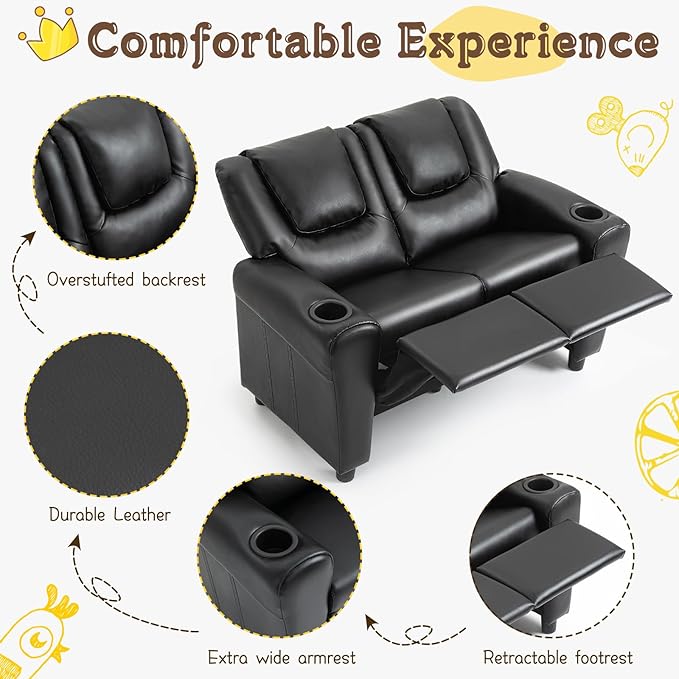 AVAWING Toddler Recliner, Double Kids Couch with Cup Holder, PU Leather Kids Sofa, Kids Loveseat w/Adjustable Footrest & Headrest for Boys and Girls 3+ Age Group, Classic Black