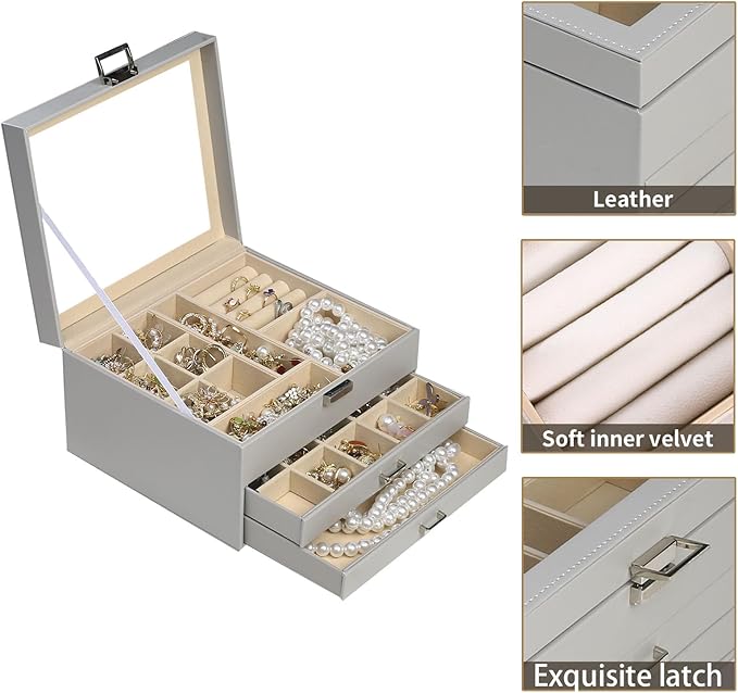 BOOVO Clear Lid Jewelry Box,3 Layers Jewelry Organizer Large Multi-Functional Jewelry Storage Box with 2 Drawers,Jewelry Display Case of Rings Earrings Necklace Bracelets for Women Girls (Grey)
