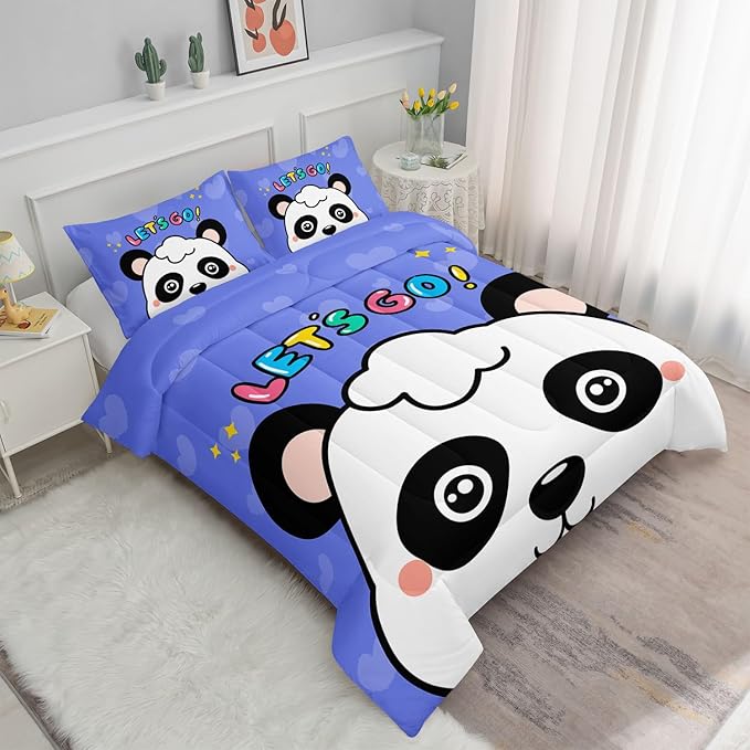 Panda Comforter Bedding Set for Boys Girls Kids Teens, Cartoon Blue Heart Kawaii Animal Theme With 1 Comforter and 2 Pillowcases (Full)