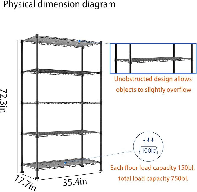 REGILLER 5-Wire Shelving Metal Storage Rack Adjustable Shelves,17.7" D×35.4" W×72.3" H Standing Storage Shelf Units for Laundry Bathroom Kitchen Pantry Closet