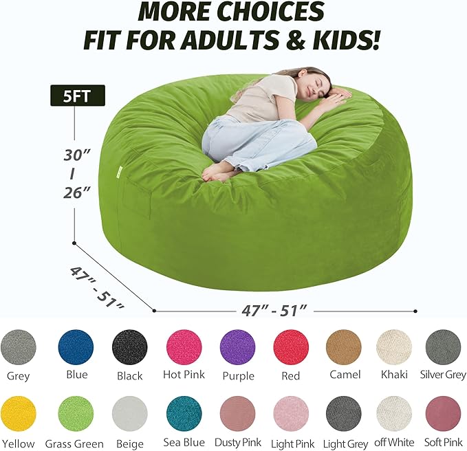 5FT Bean Bag Chair with Ultra Soft Velvet Cover Bean Bag Sofa with Memory Foam Bean Bag Chairs with Large Size Lazy Sofa for Dorm Office Living Room Bedroom Grass Green 5'