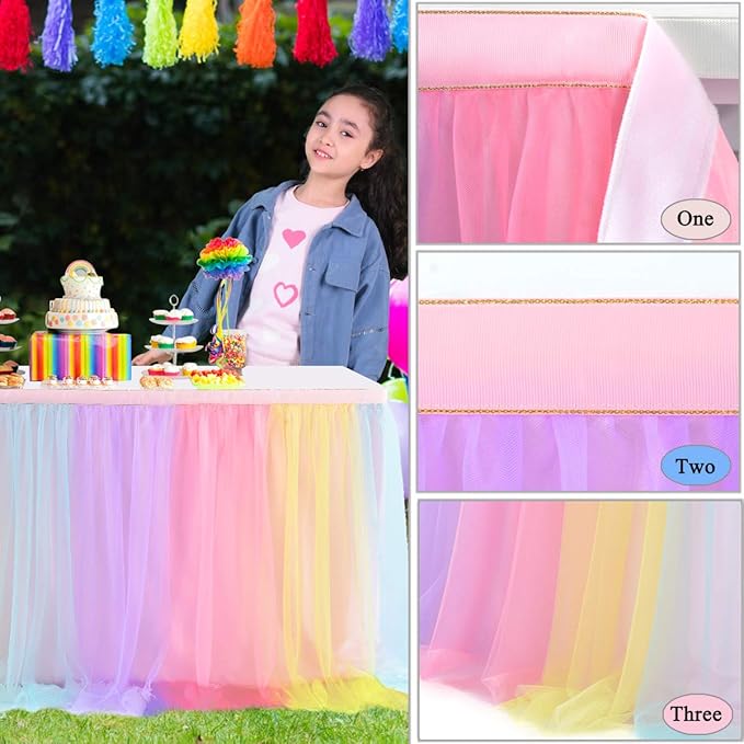 Suppromo Rainbow Table Skirt for Birthday Party 6ft Unicorn Tulle Tutu Table Skirt for Baby Shower Girl Boy Gender Reveal Rainbow Tablecloth Desk Skirt for Unicorn Party Decorations(L6(ft) H 30in)
