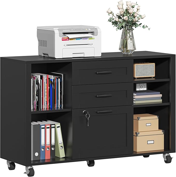 Semoic 3 Drawer Wood Lateral File Cabinet with Lock, Rolling Mobile Filing Cabinet with Open Storage Shelves, Printer Stand Office Storage Cabinet for Home Office Fits Files Legal/A4 Size, Black