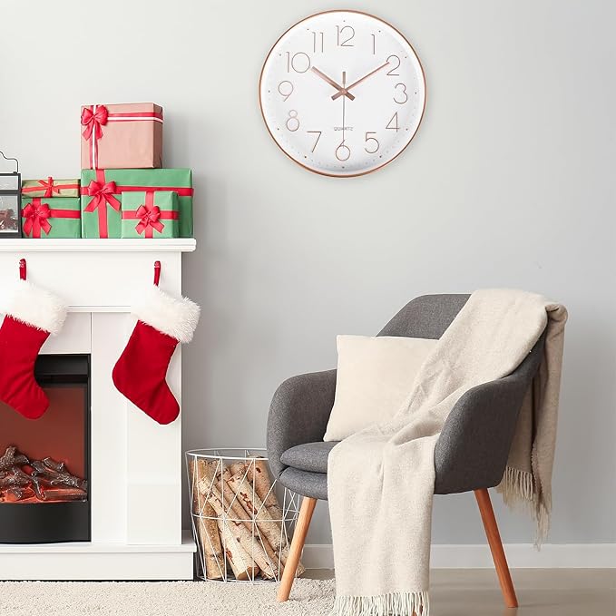 jomparis 12 Inch Battery Operated Silent Non-Ticking Wall Clock, Quality Quartz Sweep Rose Gold Wall Clock for Home Bedroom School