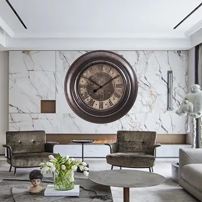 Extra Large Wall Clock, 30 Inch, Dark Bronze, Silent Non-Ticking Quartz Movement, Battery Operated, Decorative Roman Numeral, Vintage Clock Living Room, Office, Home Decor